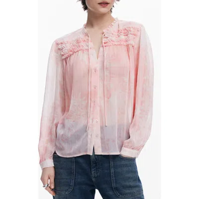 Desigual Ruffle Metallic Tie Neck Top In Pink
