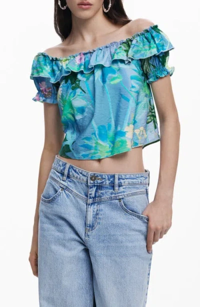 Desigual Ruffle Off The Shoulder Crinkle Satin Top In Water Green
