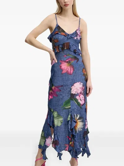 Desigual Ruffled Floral-print Asymmetrical-hem Dress In Blue
