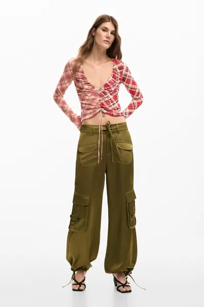 Desigual Satin Cargo Pants In Green