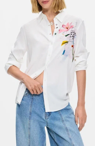 Desigual Screenprint Button-up Shirt In White