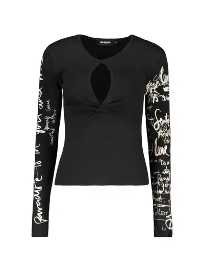 Desigual Scribble-print Cut-out T-shirt In Black