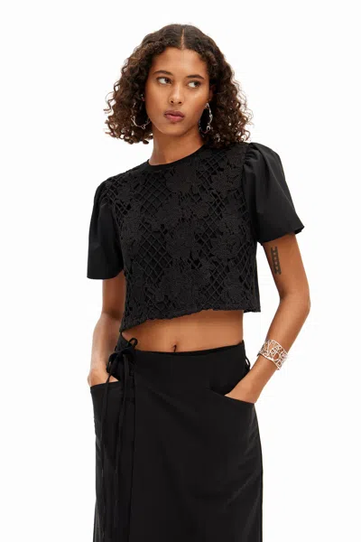 Desigual Semi Lace T-shirt In Black