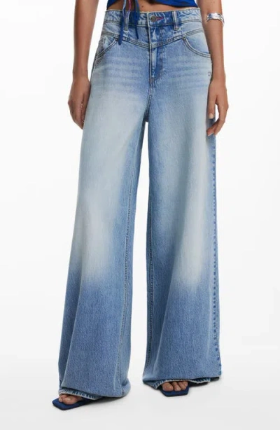Desigual Shadow Pocket Wide Leg Jeans In Blue