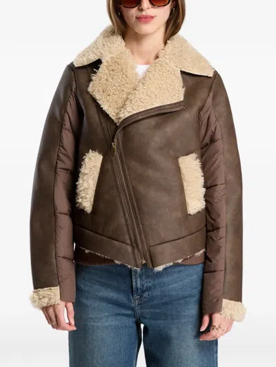 Desigual Shearling-trim Quilted Jacket In Brown