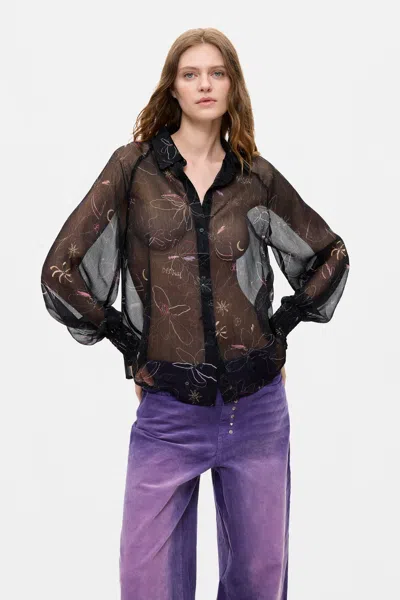 Desigual Sheer Floral Blouse In Black