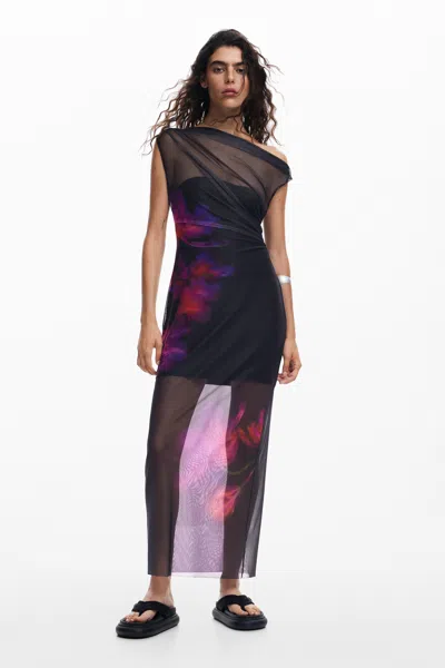 Desigual Sheer Floral Dress In Black