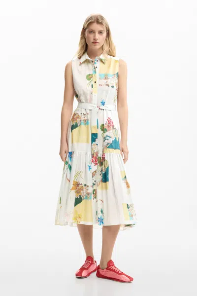 Desigual Postcard Print Sleeveless Shirtdress In Yellow