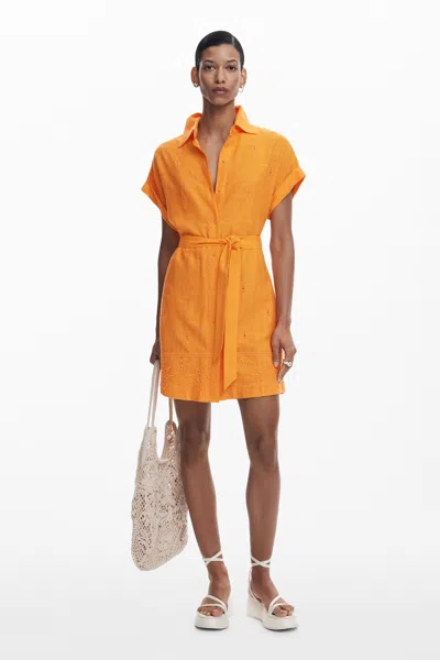 Desigual Shirt Dress With Perforated Hem In Orange