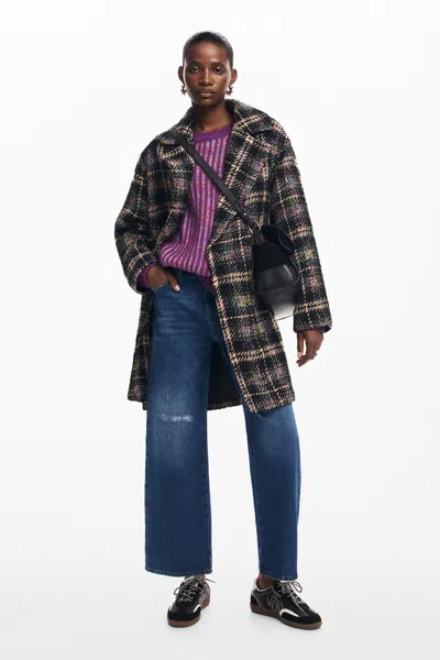 Desigual Short Checkered Coat In Black