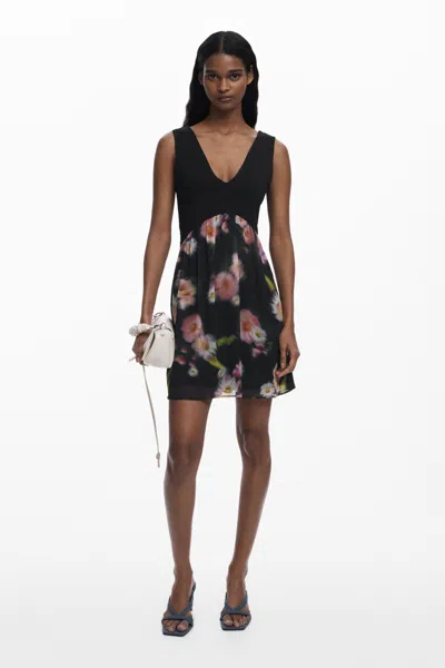 Desigual Short Dress With Floral Bimaterial In Black