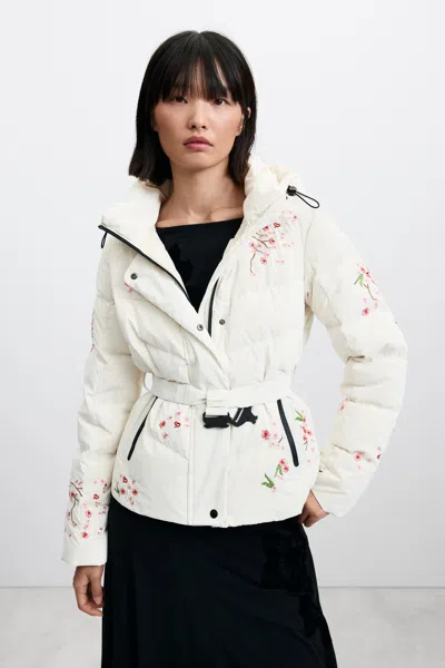 Desigual Short Quilted Jacket With Flowers In White