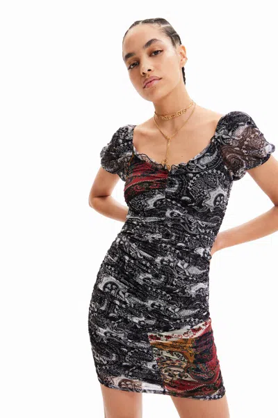 Desigual Short Ruched Paisley Dress In Black