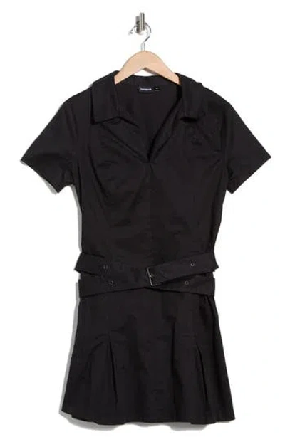 Desigual Short Sleeve Belted Cotton Blend Minidress In Black