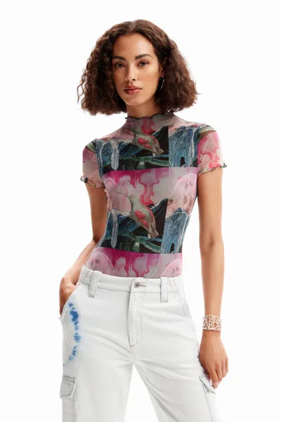 Desigual Short-sleeve Fantasy Tulle Bodysuit In Material Finishes