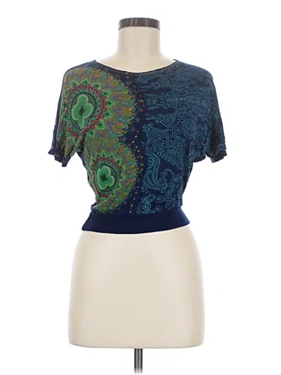 Pre-owned Desigual Short Sleeve Top Teal Boatneck Tops