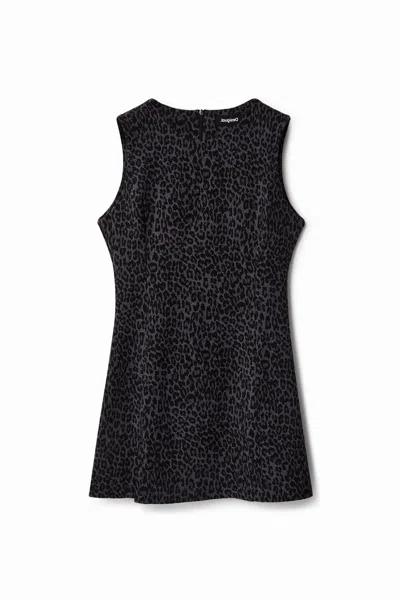 Desigual Short Slim Dress With Animal Print In Black