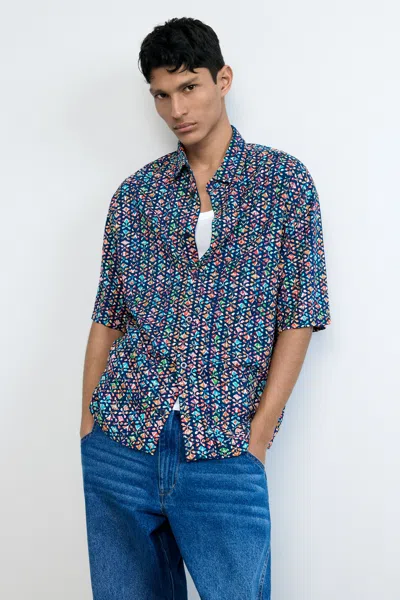 Desigual Short-sleeve Shirt With Ethnic Embroidery In Blue