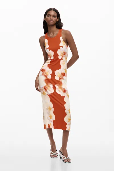 Desigual Side Flowers Dress In Orange