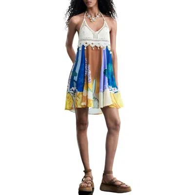 Desigual Sleeveless Crochet Minidress In Blue
