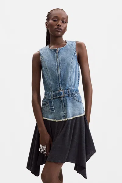 Desigual Belted Mixed Media Dress In Multi