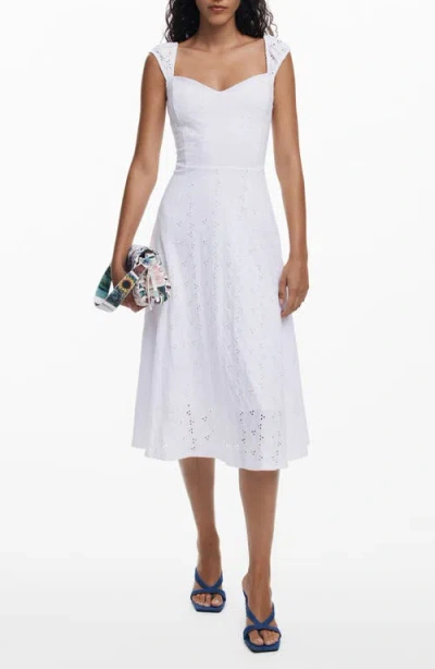 Desigual Sleeveless Embroidered Eyelet Cotton Midi Dress In White