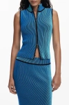 Desigual Sleeveless Front Zip Rib Top In Blue