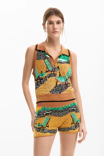 Desigual Sleeveless Jacquard T-shirt In Brown