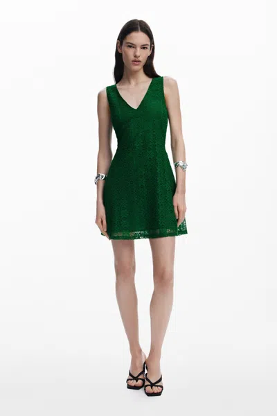 Desigual Sleeveless Lace Dress In Green