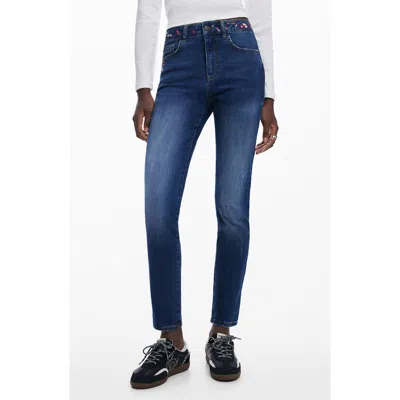 Desigual Slim Embroidered Jeans In Blue