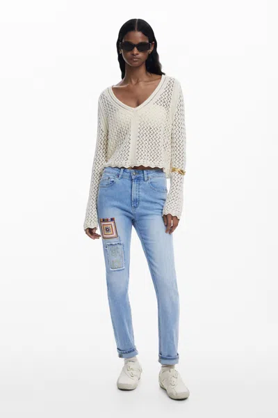Desigual Slim Jeans With Patches In Blue