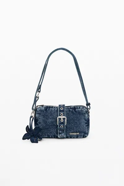 Desigual Small Denim Crossbody Wallet With Appliqués In Blue