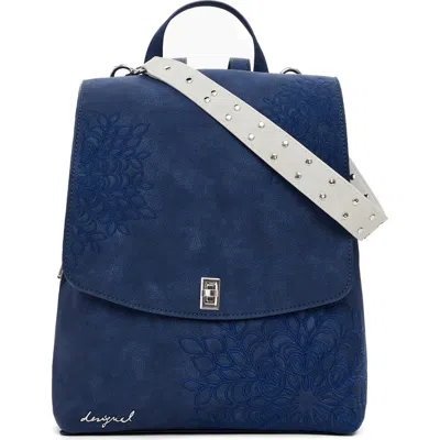 Desigual Small Embossed Faux Leather Flap Backpack In Blue