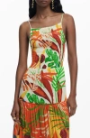 Desigual Smocked Bodice Tiered Maxi Cover-up Sundress In Orange Multi