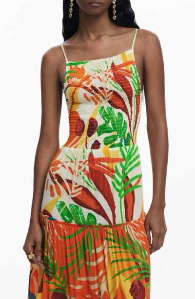 Desigual Smocked Bodice Tiered Maxi Cover-up Sundress In Orange Multi