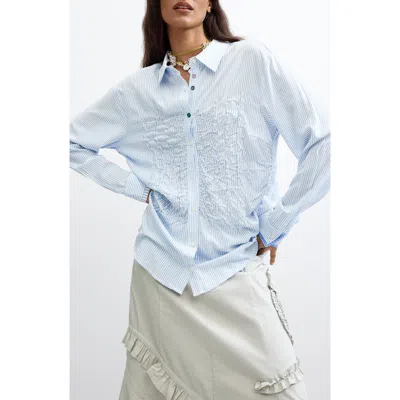 Desigual Smocked Striped Long Sleeve Shirt In Blue