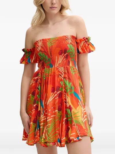 Desigual Smocked Tropical-print Mini Beach Dress In Orange