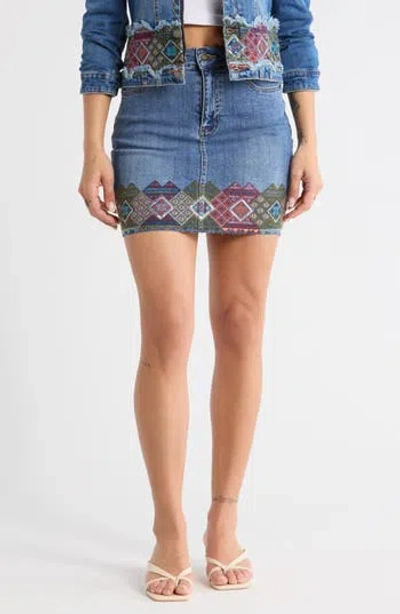 Desigual Square Border Embroidered Denim Miniskirt In Blue