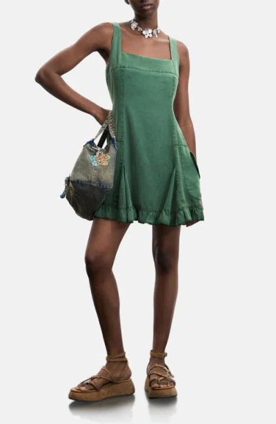 Desigual Square Neck Ruffle Hem Minidress In Green