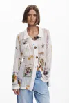 Desigual Garden Print Open Stitch Cardigan In White