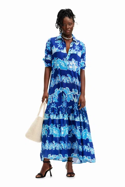 Desigual Stella Jean Long Leaves Shirt Dress In Blue