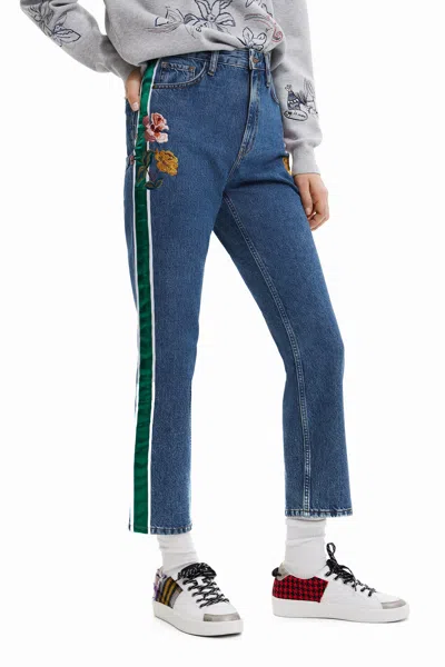 Desigual Straight Cropped Strip Jeans In Blue