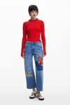 Desigual Embroidered Patch Crop Straight Leg Jeans In Blue