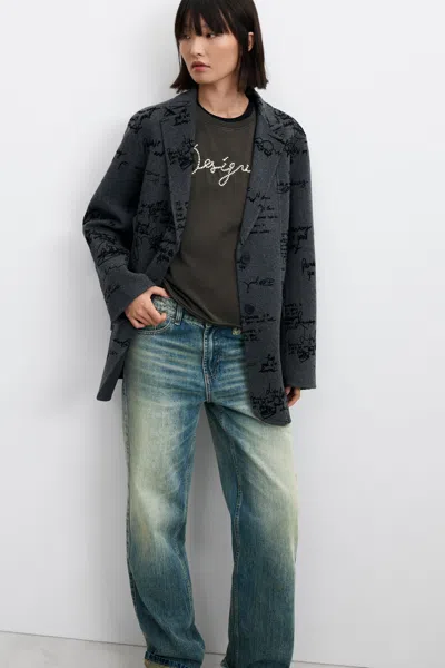 Desigual Straight Wool Graffiti Blazer In Black