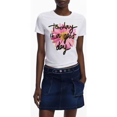 Desigual Stretch Cotton Graphic T-shirt In White