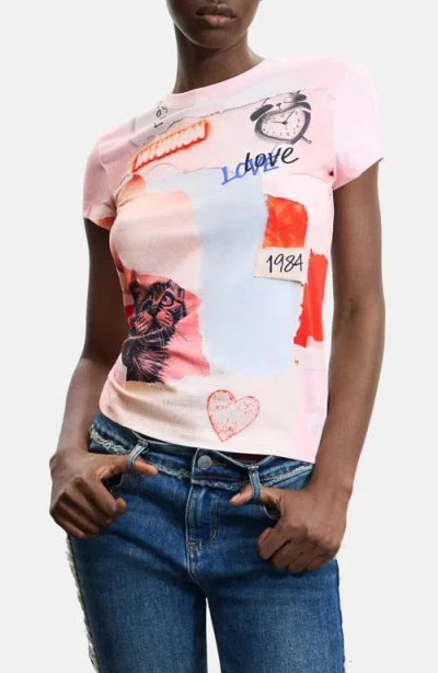 Desigual Stretch Cotton Graphic T-shirt In Pink