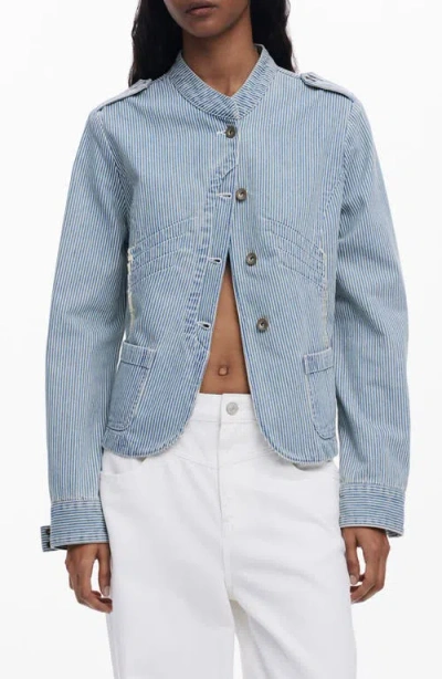 Desigual Stripe Cotton Blend Denim Jacket In Light Blue