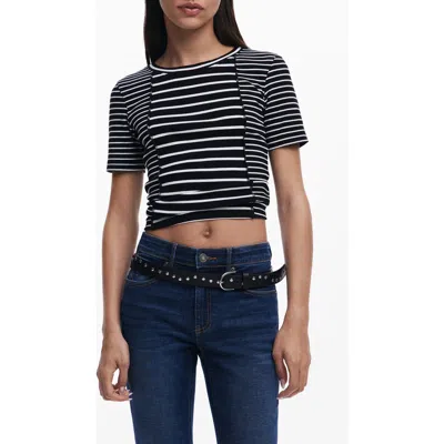 Desigual Stripe Cotton Rib Knit T-shirt In Black