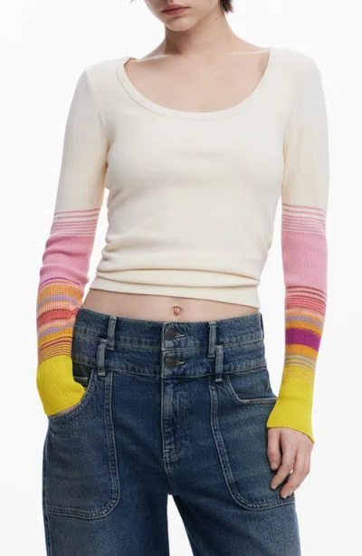 Desigual Stripe Detail Cotton Blend Rib Top In White