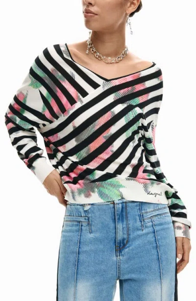 Desigual Stripe Fine Gauge Surplice Neck Sweater In Black
